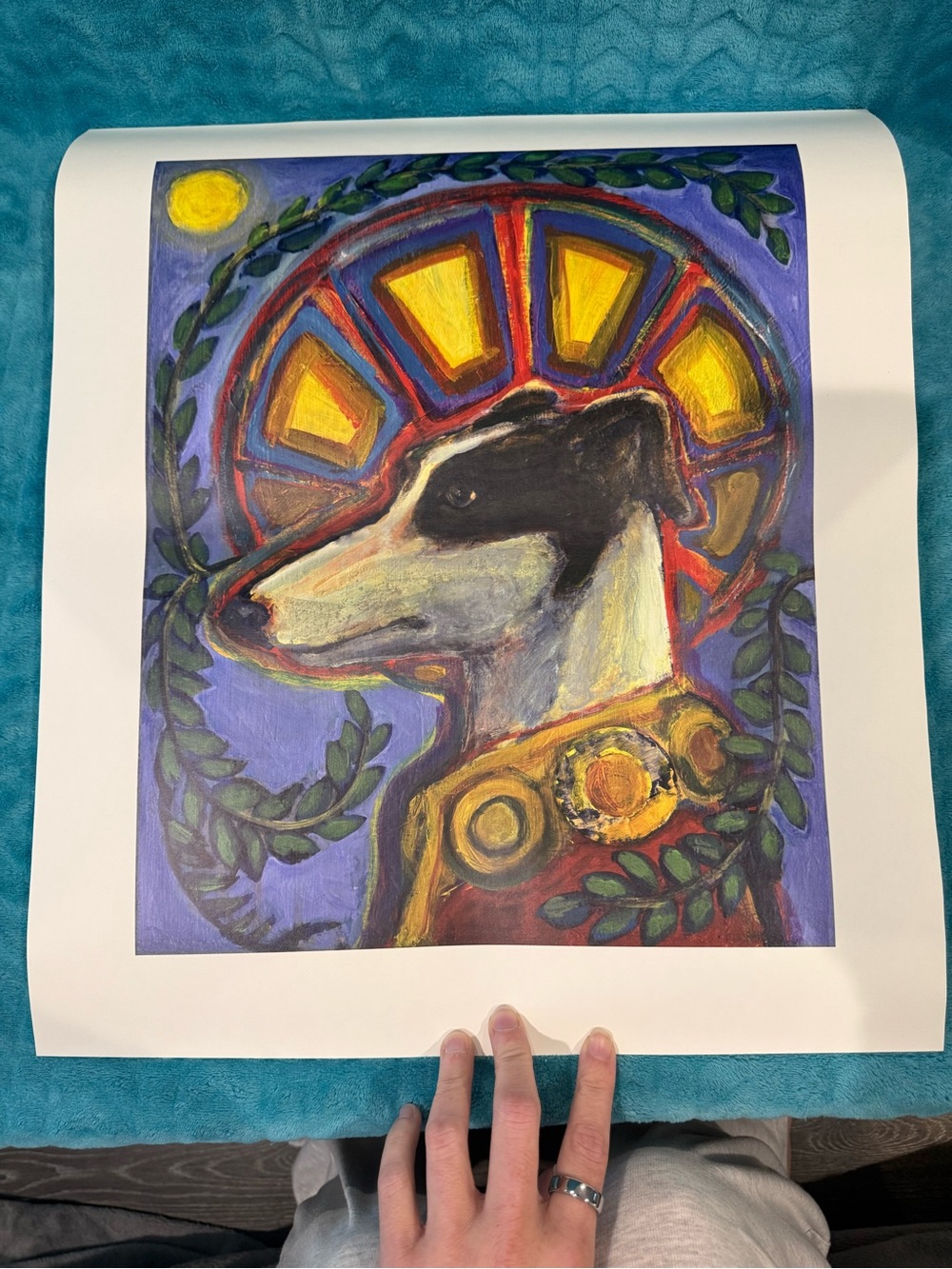 Art Print - Saint Guinefort - Regal Greyhound Portrait in Blue and Yellow